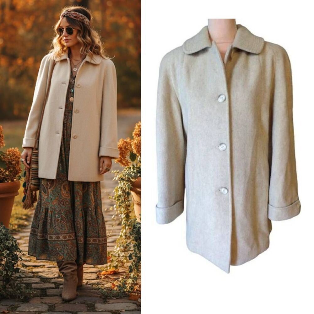 VTG 90s Herman Kay Ivory Wool Blend‎ Mid Length Lined Pea Coat SZ 10 Petite